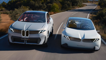 Driving shot of Neue Klasse SUV and 3-series-style saloon side-by-side on road