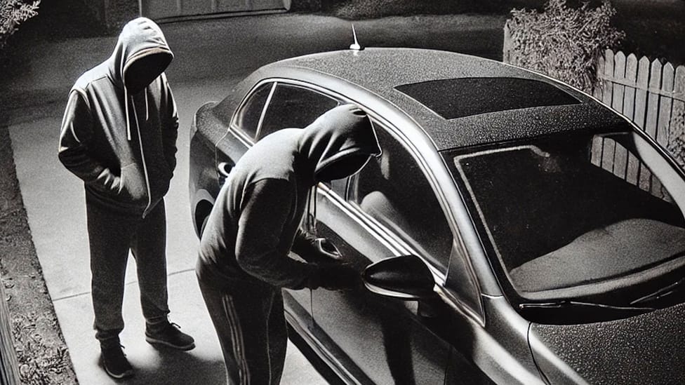 Black-and-white CCTV frame showing hooded people trying to break into a car on a driveway