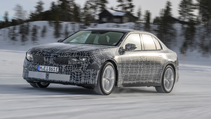  BMW Neue Klasse 3ser on winter test, driving at speed with forest backdrop