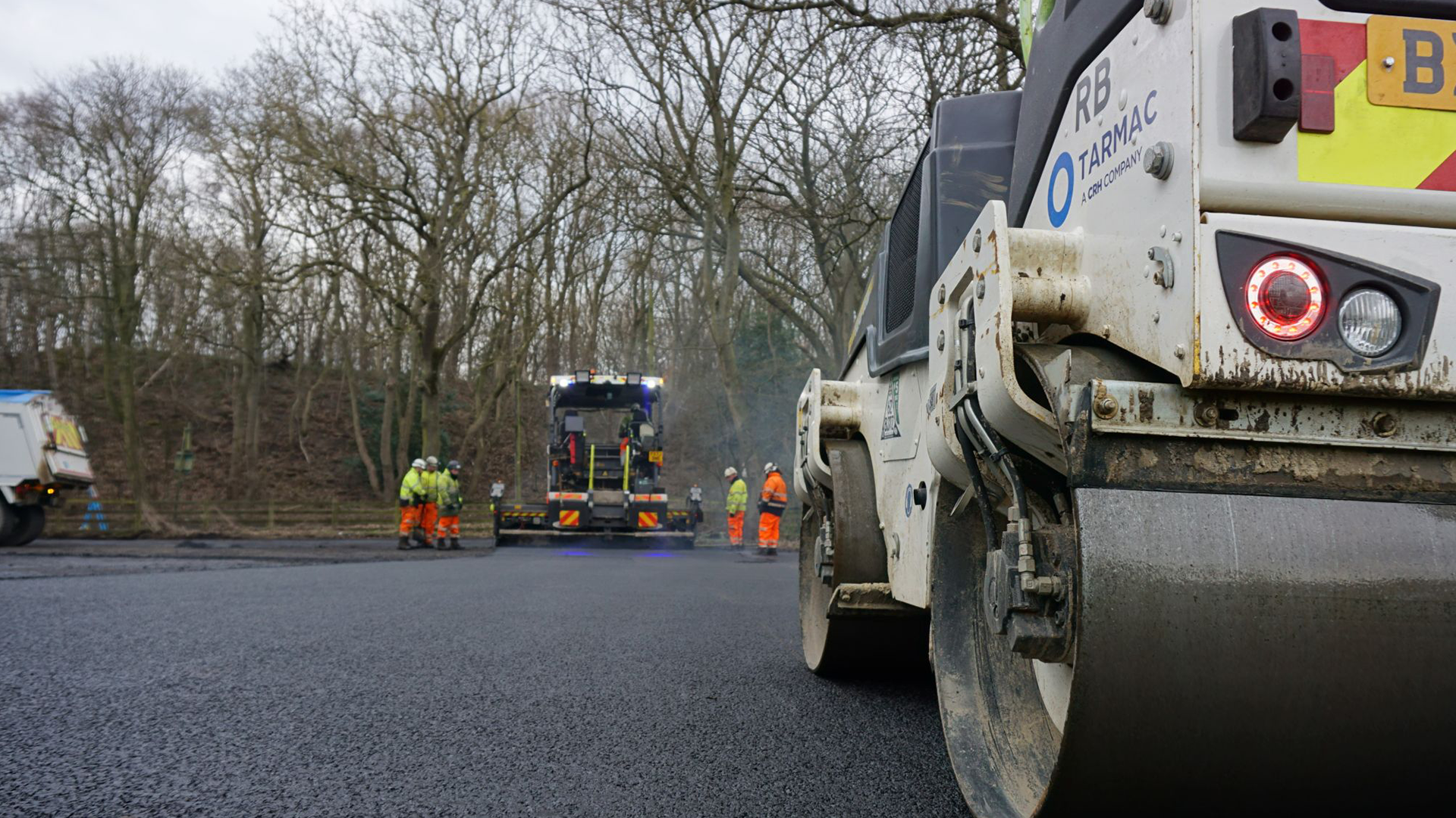 Close up of roller vehicle on newly laid asphalt in Middlesborough