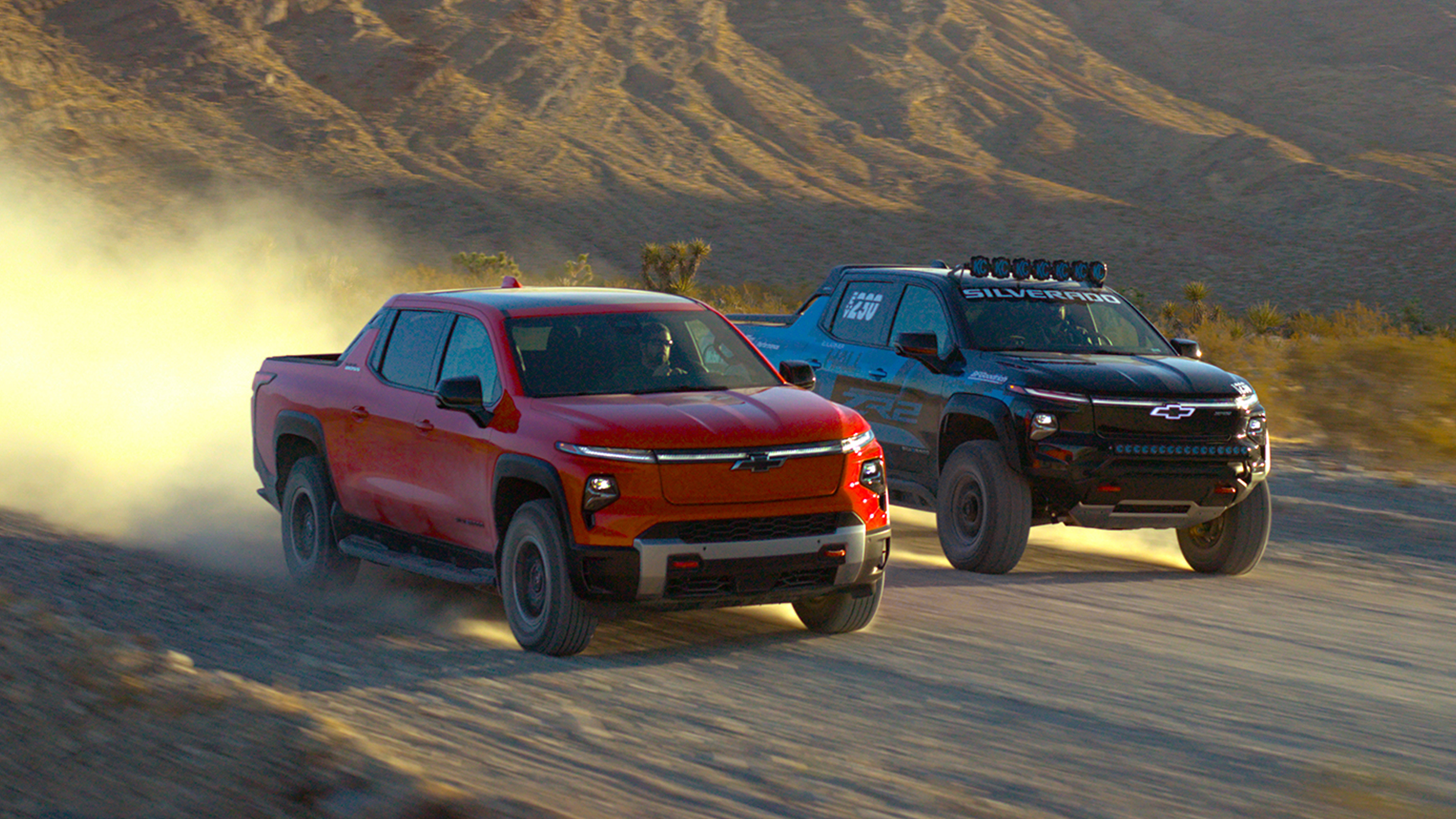 Driving shot of the Chevrolet Silverado EV ZR2, twinned with regular Silverado ZR2 in the desert