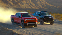 Driving shot of the Chevrolet Silverado EV ZR2, twinned with regular Silverado ZR2 in the desert