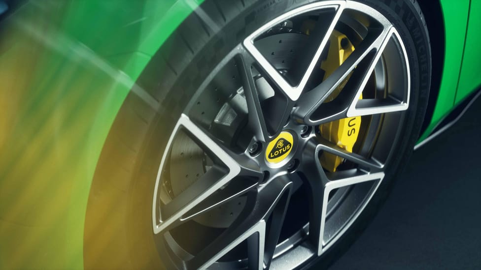 Close up of Lotus Emira wheel with badge in the hub