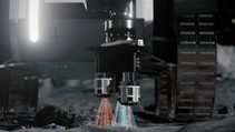 Digital render of Venturi Mona Luna moon rover on moon with measuring laser deployed