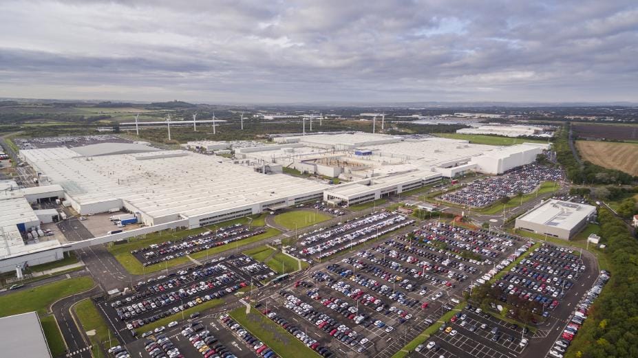 Aerial shot of the Nissan Sunderland plant with parked cars in foreground