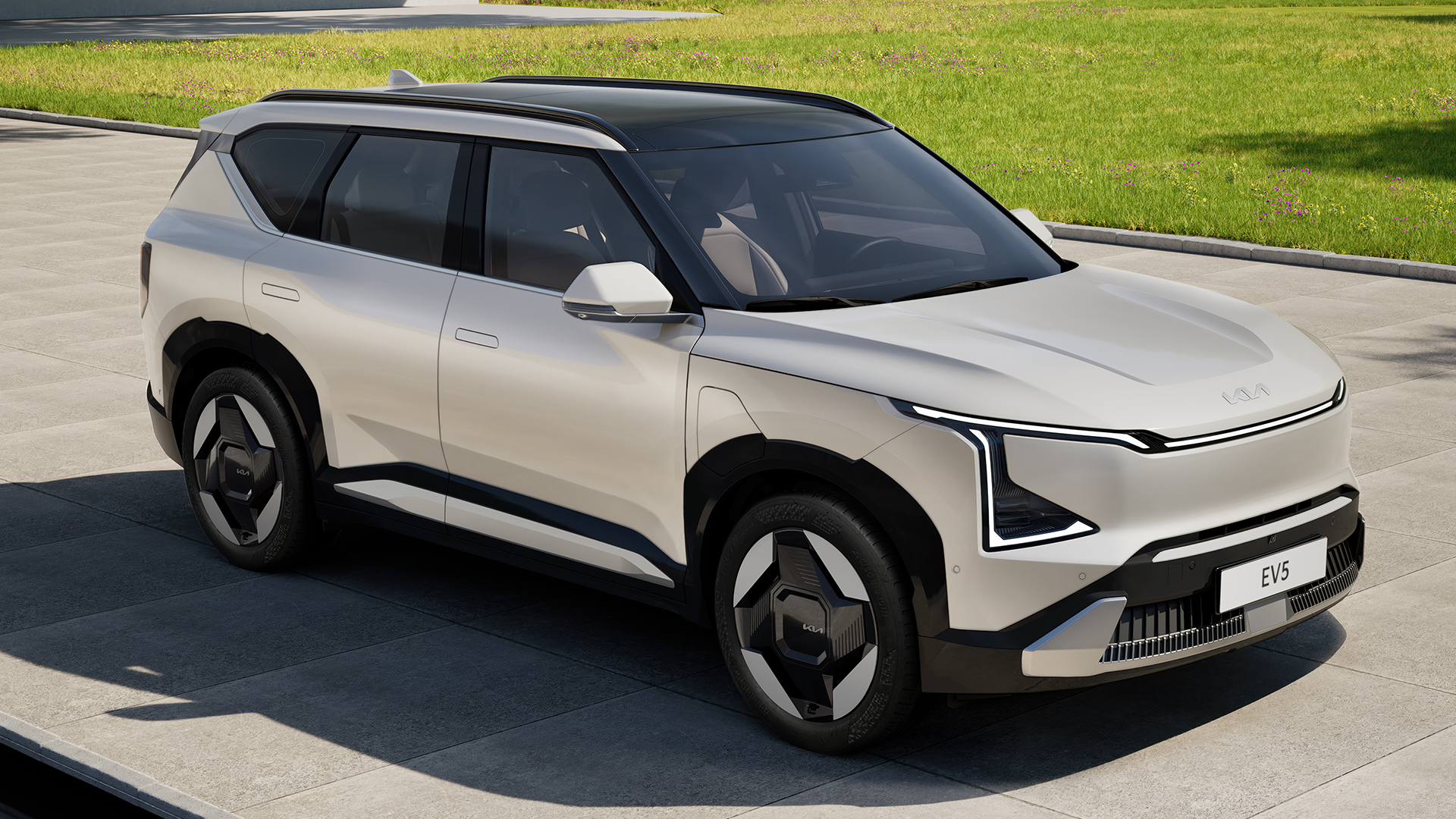 Static shot of Kia EV5 base trim, high angled three quarter