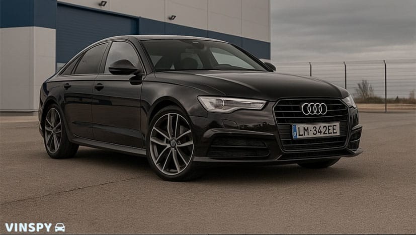 A sleek black Audi sedan is parked on an empty pavement. The setting is overcast, with a modern industrial aircraft hangar and a fenced area in the background. VINSPY logo in the bottom left corner.