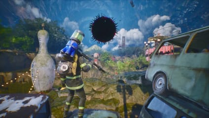 A person with a weaponized backpack stands in a surreal landscape of bowling pins, cars, and a dark sphere in the sky.