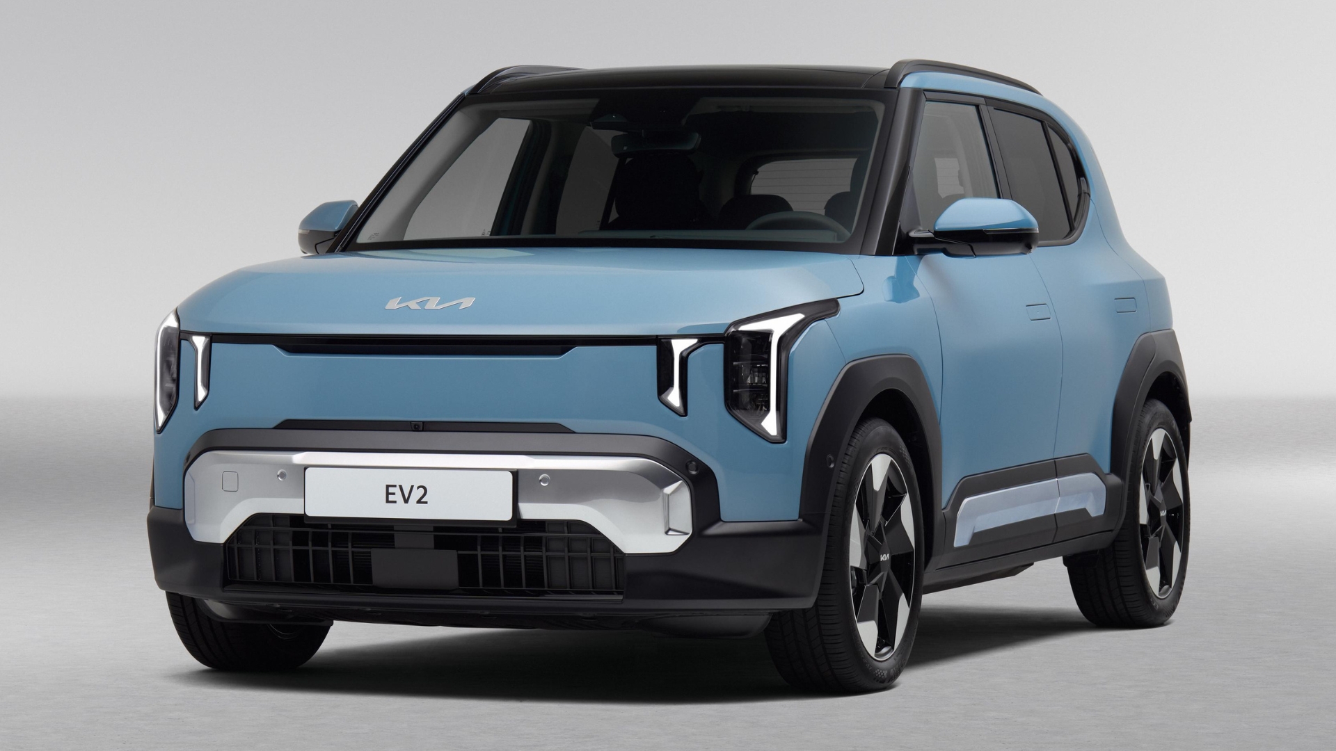 Light blue Kia EV2 pictured from the front