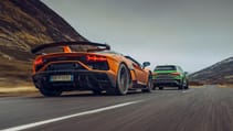 Audi RS3 Sportback + BMW M3 Comp xDrive + Porsche 911 C4 GTS + Lambo Aventador SVJ Roadster