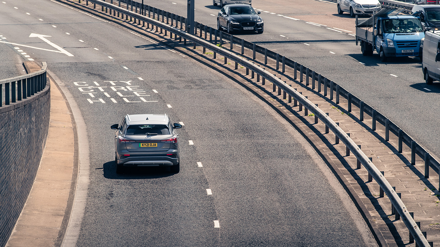 Rear view of the Audi Q4 e-tron on the Coventry ring road