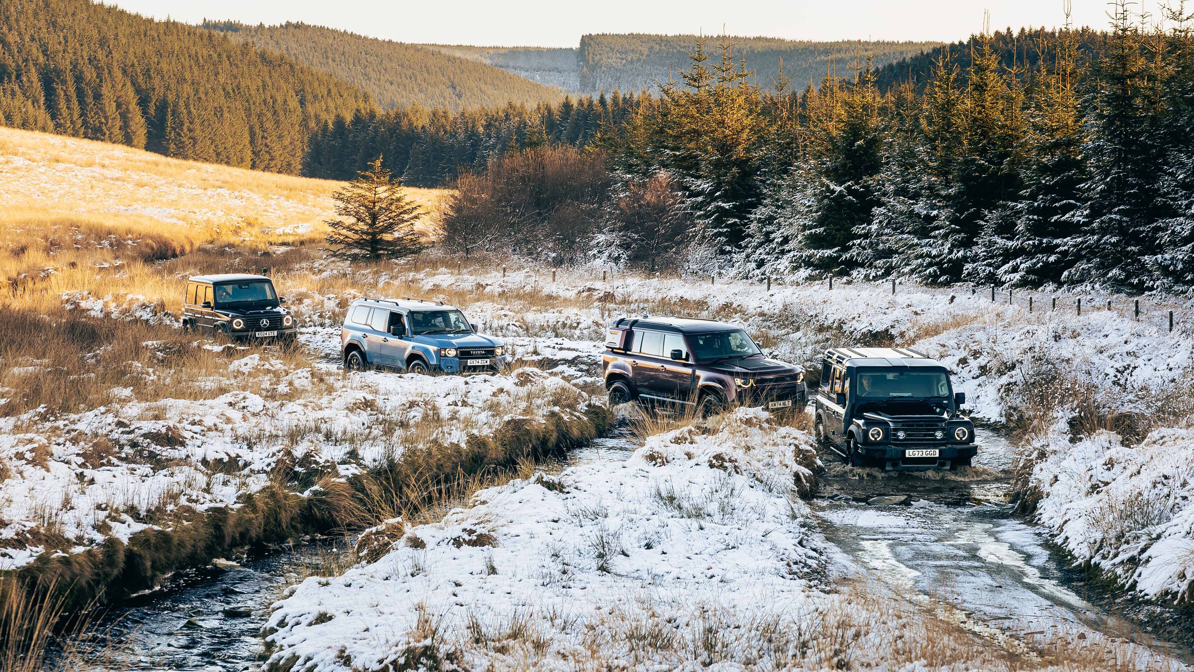 Land Rover Defender 110 P300E, Toyota Land Cruiser First Edition, Mercedes Benz G500, Ineos Grenadier Trialmaster