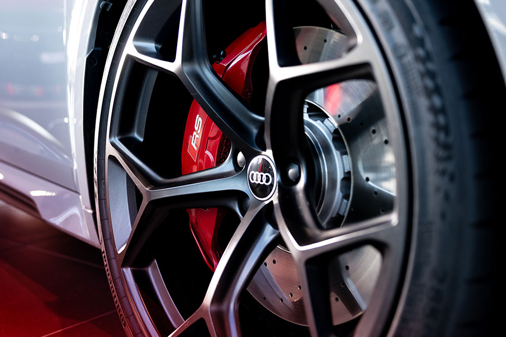 A close-up of an Audi RS wheel