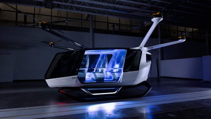 BMW hydrogen-powered Skai EVTOL parked in a hangar