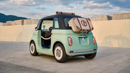 Fiat Topolino in green, shot from behind with desert backdrop