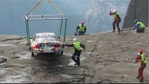 Spy shots of BMW Art Car: M3 GT2 by Jeff Koons on Pulpit Rock (Preikestolen), Norway