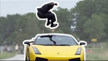 Guy jumps over speeding Lamborghini (130kmh) + Slow motion