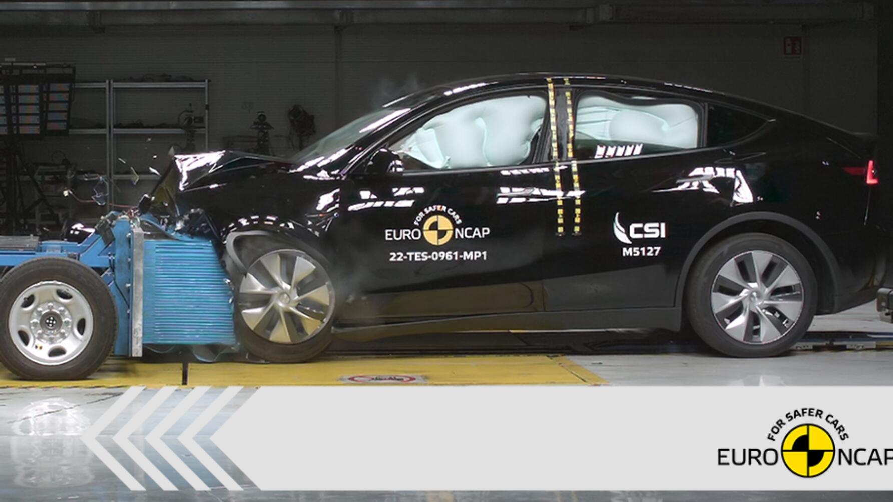 Euro NCAP crash test Tesla Model Y being crashed into a front barrier