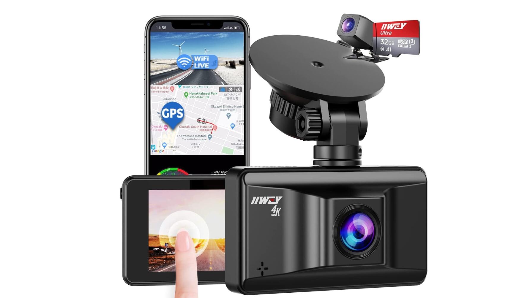 Product shot of the Iiwey S3 dash cam and companion app